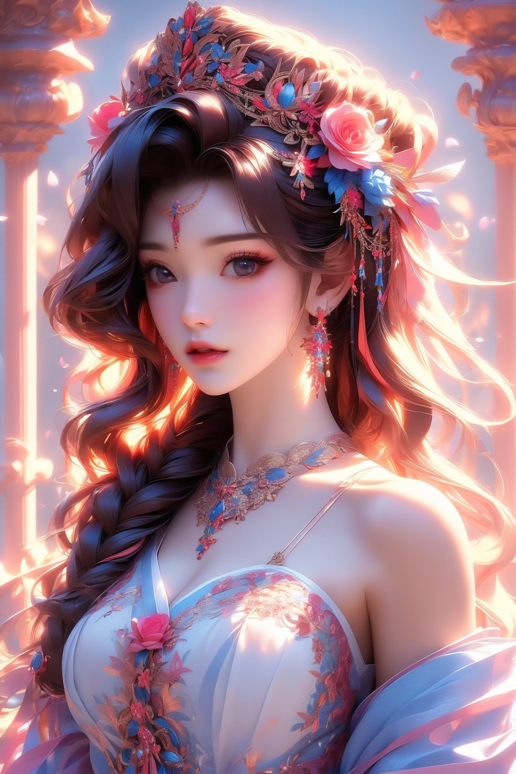 busty and sexy girl, 8k, masterpiece, ultra-realistic, best quality, high resolution, high definition, 1girl, solo, long hair, looking at viewer, black hair, hair ornament, dress, bare shoulders, brown eyes, jewelry, collarbone, upper body, braid, flower, multicolored hair, earrings, hair flower, necklace, lips, realistic