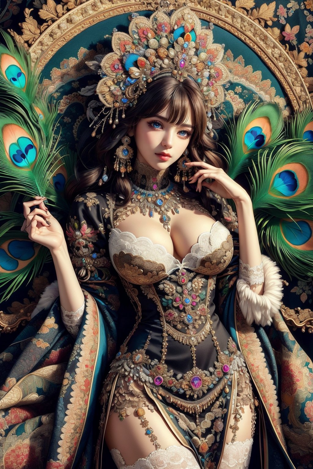 busty and sexy girl, 8k, masterpiece, ultra-realistic, best quality, high resolution, high definition, ,lolita, ,peacock feather, dark elf