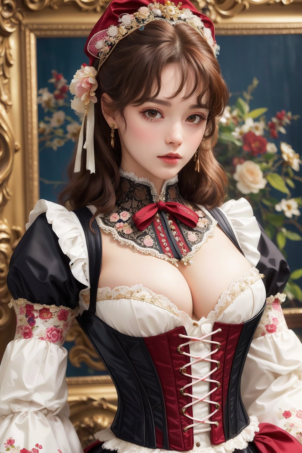 busty and sexy girl, 8k, masterpiece, ultra-realistic, best quality, high resolution, high definition, Lolita, maid, Victorian fashion, Rococo fashion, black corset with red ribbon lacing, White lace details on the sleeves, Puffed sleeves, headpiece adorned with flowers, ornate flower frame background, historical vibe, historical fashion with fantasy elements,lolita