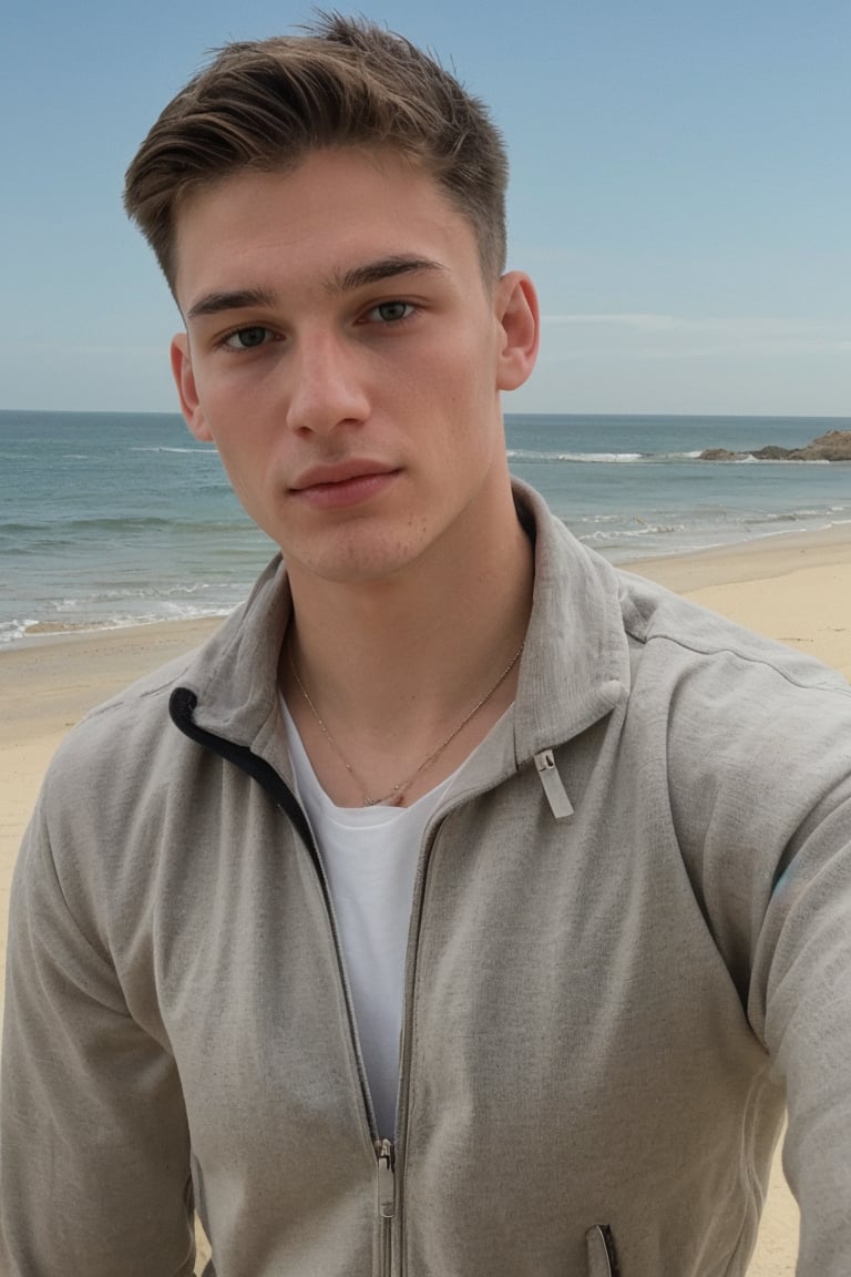 Create a hyper realistic beautiful man((18 year old,), sea beach background,cute dark hair,green eyes,pale skin,grey sport zipper,take a selfie in front of camera,small waist,upper body picture