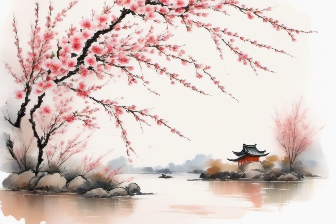 white background,only peach blossom trees,waterpaint,ink scenery