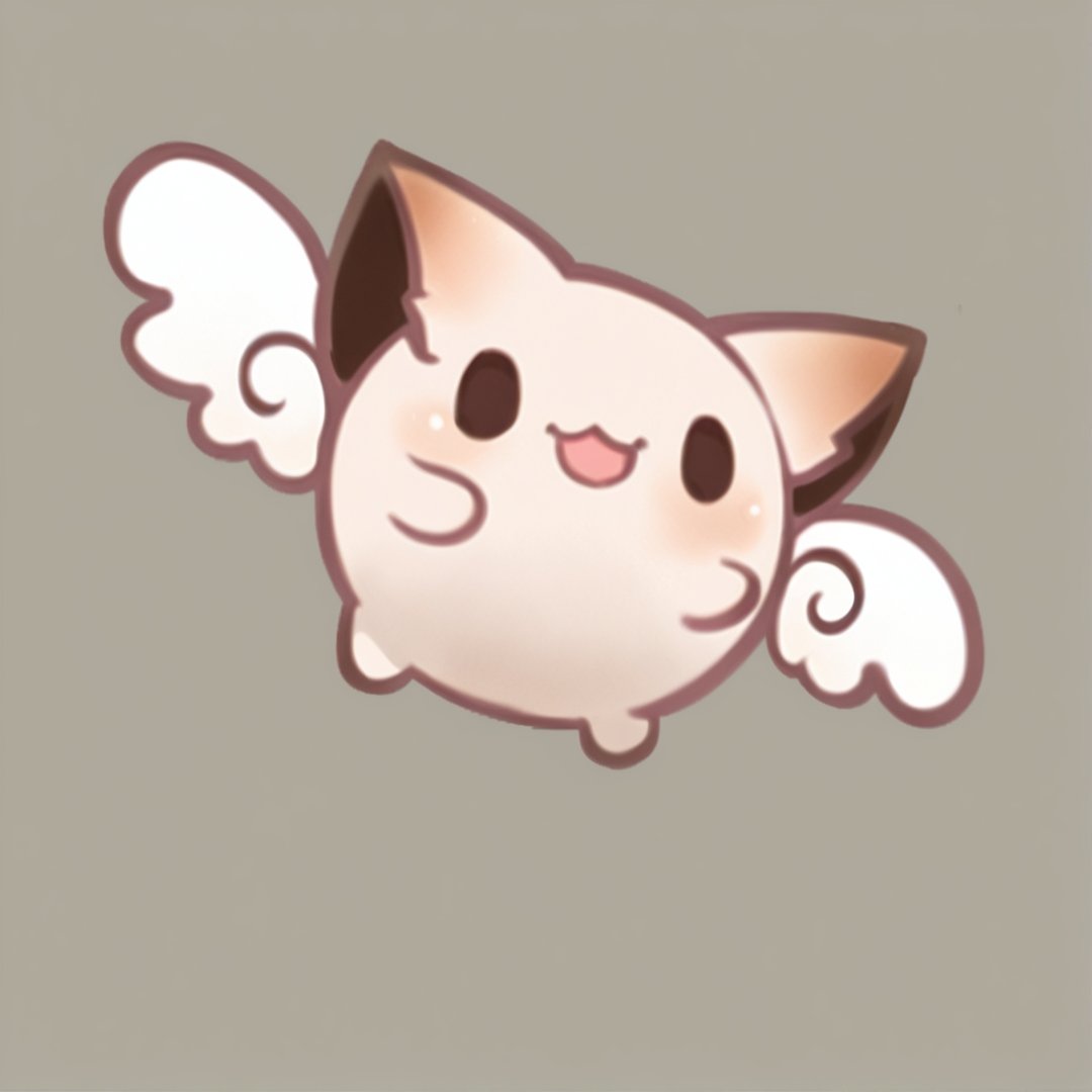 solo , 1creature , no human , fullbody , cute , round , plush toy , creature , pokemon , small wings , animal ears, cat ears , chubby ,  beige body , round solid eyes , flying , floating , :D , :3 , open mouth ,  profile ,   simple background , pose , jump , dynamic, dancing