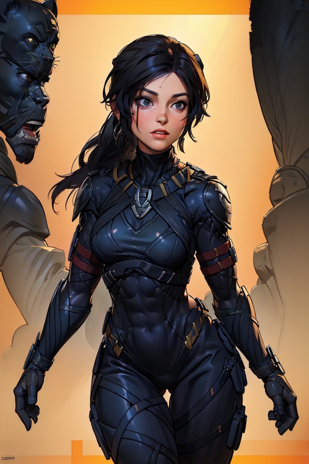 (masterpiece, best quality)1girl, skindentation, wide hips, curvy figure, full lips, blushing, b1mb0 lips, marinette, spectacular muscular female physique, Lara Croft, black panther bodysuit , Lara Croft as black panther, black panther suit embedded in their skin,UHDR,16k,1080P, black panther symbiote bodysuit, black panther symbiote mask