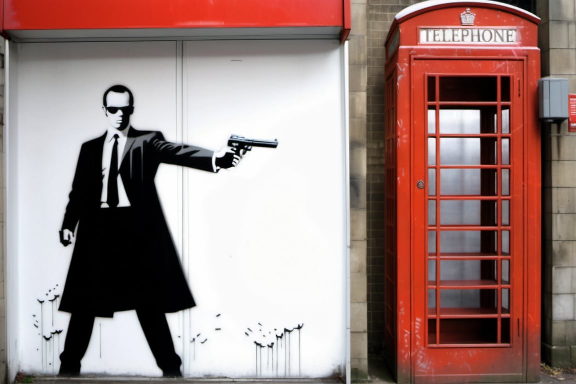 stencil graffiti artwork by Banksy, featuring agent Smith from film Matrix standing outside and aiming pistol at england's telephone booth. Agent and booth depicted at opposing sides of the wall.