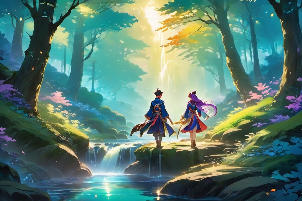 Depict the duo discovering a radiant clearing, bathed in ethereal light, with the sounds of a babbling brook and leaves rustling in the breeze,full body portrait,seen from below, highly detailed, beautiful colours, masterpiece,

dynamic background, 8k resolution, looking away, masterpiece, best quality, Photorealistic, ultra-high resolution, photographic light, full body, whimsical, league of legends, illustration by MSchiffer, fairytale, sunbeams, best quality, best resolution, cinematic lighting, Hyper detailed, Hyper realistic, masterpiece, atmospheric, high resolution, vibrant, dynamic studio lighting, wlop, Glenn Brown, Carne Griffiths, Alex Ross, artgerm and james jean, spotlight, fantasy, surreal,sticker,IncrsXLRanni,Land Of Boo