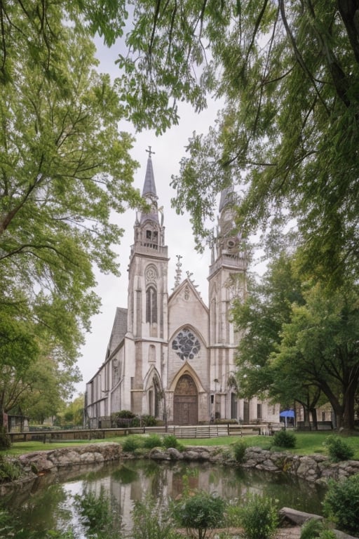 outdoors, day, water, tree, no humans, window, plant, church building, nature, scenery, high resolution, ultra detailed,