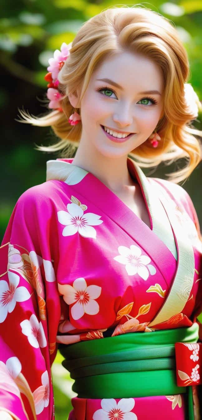 4k,best quality,masterpiece,1 Greek girl, a girl,blond hair, 18-year old beautiful European girl wearing (((pink Japanese kimono))),, cute girl, (light ginger blond hair in a orange traditional kimono hairstyle:1.3), (symmetrical light green eyes:1.2), (pale skin:1.2), happy smiling, close mouth,(perfect white teeth:1.3), (detailed beautiful face and eyes), perfect body, ((slender body, large breasts, flat stomach, 24" waist, narrow hips)), (natural skin texture, detailed skin texture, skin fuzz), outdoor with lots of greens, full body, close-up, ((facing viewer)), best quality, soft lighting, photography, 12K, UHD, hyper-detailed, 
, smile,, (oil shiny skin:1.0), (big_boobs:1.6), willowy, chiseled,random sexy poses,(hunky:2.5),(( body rotation 90 degree)), (perfect anatomy, prefecthand, dress, long fingers, 4 fingers, 1 thumb), 9 head body lenth, dynamic sexy pose, breast apart, (artistic pose of awoman), cinematic moviemaker style,more detail XL,photo r3al