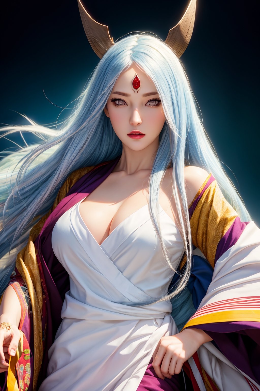 masterpiece,best quality,highly detailed,ultra-detailed,an extremely delicate and beautiful,masterpiece,1girl, solo,kaguya,mature female, long hair, absurdly long hair, third eye,horns, pale skin,white short eyebrows, otsutsuki kimono, perfect eyes,floating hair, sexy pose, High quality 7k, High resolution ,fully_clothed,third eye