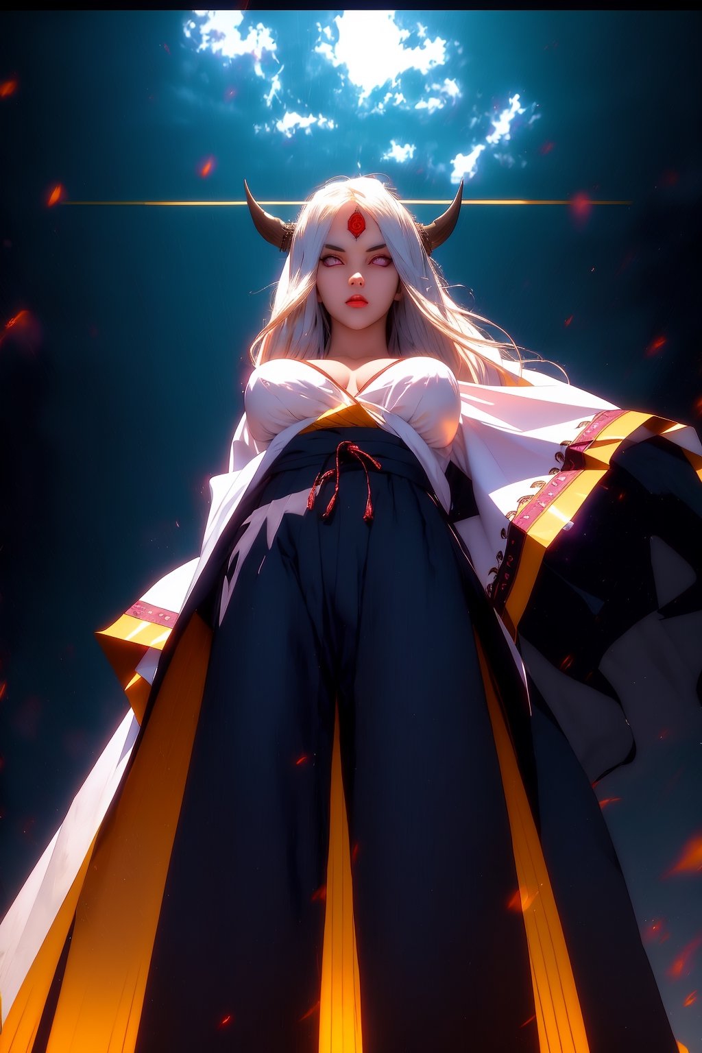 masterpiece,best quality,highly detailed,ultra-detailed,an extremely delicate and beautiful,masterpiece,1girl, solo,kaguya,mature female, long pure white hair, absurdly long hair, third eye,horns, pale skin,white short eyebrows, otsutsuki kimono, perfect eyes,floating hair, sexy pose, High quality 7k, High resolution ,fully_clothed,third eye,pale skin,gigantic_breast,cleavage cutout,(breast cleavage:0.5) , full body ,photography,dynamic poses,( backview),(looking upward:1.0),(long shot:1.5), (from below:1.3),