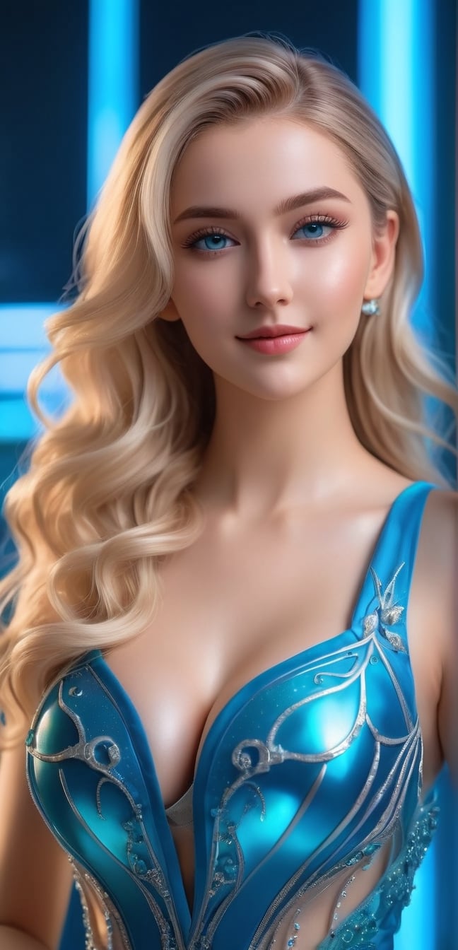 Upper body,4k,best quality,masterpiece,1 American girl, 20 years old,a girl, A photography of jewelry , beautiful girl,blond hair(very long hair, curly_hair,,), a luminous transparent bioluminescent multidimensional entity, fantsy world, a beautiful girl wearing a futuristic dress, arabian beauty, blue eyes, smile, futuristic, organic dress, pattern, concept art, fantasy,smile,(oil shiny skin:1.0), (big_boobs:1.9), willowy, chiseled, (hunky:2.6),(( body rotation 120 degree)), (perfect anatomy, prefecthand, dress, long fingers, 4 fingers, 1 thumb), 9 head body lenth, dynamic sexy pose, breast apart, (artistic pose of awoman),DonMChr0m4t3rr4XL