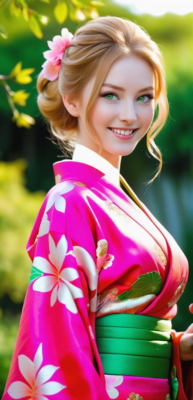 4k,best quality,masterpiece,1 Greek girl, a girl,blond hair, 18-year old beautiful European girl wearing (((pink Japanese kimono))),, cute girl, (light ginger blond hair in a orange traditional kimono hairstyle:1.3), (symmetrical light green eyes:1.2), (pale skin:1.2), happy smiling, close mouth,(perfect white teeth:1.3), (detailed beautiful face and eyes), perfect body, ((slender body, large breasts, flat stomach, 24" waist, narrow hips)), (natural skin texture, detailed skin texture, skin fuzz), outdoor with lots of greens, full body, close-up, ((facing viewer)), best quality, soft lighting, photography, 12K, UHD, hyper-detailed, 
, smile,, (oil shiny skin:1.0), (big_boobs:1.6), willowy, chiseled,random sexy poses,(hunky:2.5),(( body rotation 90 degree)), (perfect anatomy, prefecthand, dress, long fingers, 4 fingers, 1 thumb), 9 head body lenth, dynamic sexy pose, breast apart, (artistic pose of awoman), cinematic moviemaker style,more detail XL,photo r3al