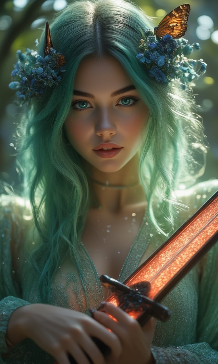 Here is the prompt:

A breathtaking portrait of a stunning 21-year-old hubggirl, bathed in celestial lighting that accentuates her porcelain pale skin and vibrant green locks, which swirl like a mesmerizing vortex. Lavish green leaves surround her, as blue flowers fall from above, casting a whimsical atmosphere. Butterflies dance around her head, while tree branches stretch towards the sky, where golden glowing light illuminates the scene. Water droplets glisten on her skin, capturing the essence of a masterpiece. In front of this enchanting hubggirl stands a dark grey female robot soldier, holding a radiant red sword with both hands, its red LED lights pulsating softly. Dynamic poses and particle effects create an immersive experience, as Canon EOS's finest capture this cinematic moment with Sigma Art Lens 35mm F1.4 precision, ISO 200, Shutter Speed 2000, and vivid color palette.