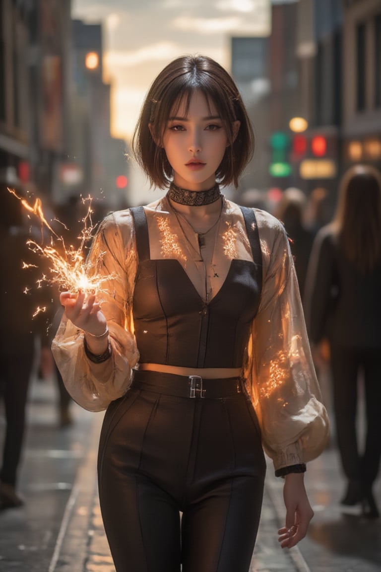 A (paparazzi:1.3) photo of a stylish young woman, age 31, with a chic bob hairstyle, walking briskly through a bustling city street surrounded by a crowd of people, captured in a candid moment with natural lighting, taken from eye level using a RED digital cinema camera.
((her hand crackling with huge fire ball power,)))