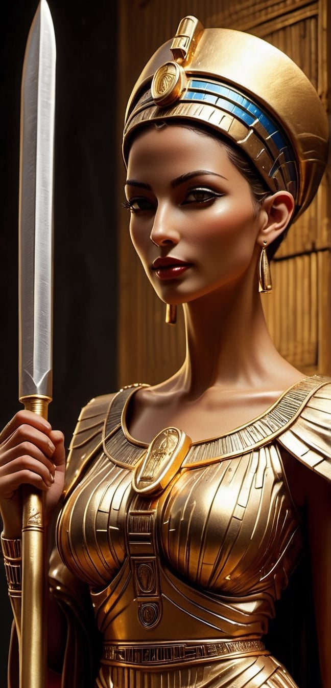  UPPER body, queen Nefertiti of Ancient Egypt wearing a shirt with the text "pua" written on it, Holding a sword can in hand, Posing as The statue of liberty, ancient Egypt theme , warm ancient Egyptian atmosphere but in ancient Egypt City , realistic , detailed, ancient Egyptian costumes,Background in Egypt castle ,,smile, (oil shiny skin:1.0), (big_boobs:2.6), willowy, chiseled, (hunky:2.4),(( body rotation 35 degree)), (upper body:0.8),(perfect anatomy, prefecthand, dress, long fingers, 4 fingers, 1 thumb), 9 head body lenth, dynamic sexy pose, breast apart, (artistic pose of awoman),chrometech,Obsidian_Gold