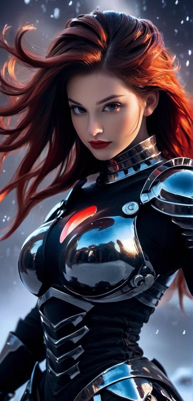 Beautiful russian woman, red ponytail hair, snow white pale skin, in a high tech black-red steel combat armor, dark black red armor, wet flowing hair, sweaty skin, zoom out full body, night, [[ highly detailed, ]], (depth of field), epic realistic, big boobs, stoic, professional fashion photoshoot, galaxy background, hyperrealistic, masterpiece, photorealistic., smile,hyper realstick, (oil shiny skin:1.0), (big_boobs:4), willowy, chiseled, (hunky:4.5),(( body rotation 10 degree)), (full body:1.0),(perfect anatomy, prefecthand, dress, long fingers, 4 fingers, 1 thumb), 9 head body lenth, dynamic sexy pose, breast apart, (artistic pose of awoman),chrometech,surface imperfections,glitter,shiny,xxmix_girl,DonMF43Dr4g0n ,fire element,composed of fire elements,DonMF1r3XL,circuitboard,abyssaltech 