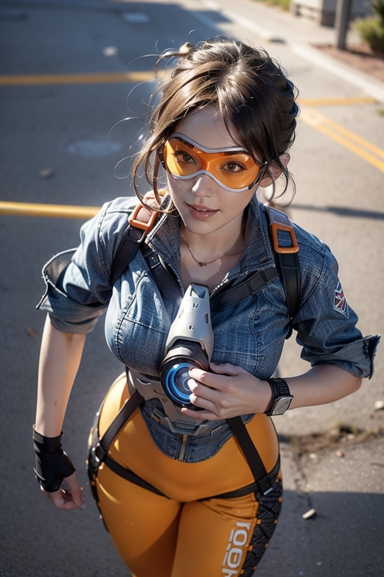 ((cowboy shot)), (Top Quality, Masterpiece), Realistic,Ultra High Resolution, Complex Details, Exquisite Details and Texture, Realistic, Beauty, blonde girl,24 years old, bangs, smile, ((Thin and Long Body)), round face, (((middle breasts))), ((goggles, jacket, orange goggles, bodysuit, bomber jacket, harness, chest harness, orange bodysuit)), sweating_profusely, (hard running on street),  pastelbg, tracer_overwatch, motion trail, MotionTrail, running, ,more detail ,Robot,view_from_above,Roblit