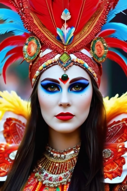 A girl wearing a costume for carnival, with religious images, avoiding the use of feathers. Illustration as the medium, with best quality, 4k resolution, and ultra-detailed. The girl has beautiful detailed eyes and lips, and her face and eyelashes are extremely detailed. She is wearing a vibrant and elaborate costume, adorned with religious symbols and motifs. The costume is made of high-quality materials, resembling a combination of traditional garments and modern designs. It is a masterpiece of craftsmanship, with sharp focus and vivid colors. The overall style is a mix of cultural heritage and contemporary aesthetics. The color palette consists of bright and contrasting hues, emphasizing the festive atmosphere. The lighting captures the richness of the colors and highlights the intricate details of the costume.