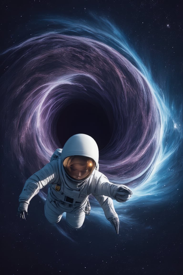 upper body,A highly detailed 5K, cinematic photograph of a dramatic 3D illustration, set against a vast, starry space background, depicting a massive, swirling black hole with vibrant, electric blue and purple hues, its event horizon warping and twisting the fabric of space-time. In the foreground, a lone astronaut, clad in a sleek, white spacesuit with a reflective, gold-tinted visor, is plummeting headfirst towards the black hole's void, their body stretched out in a desperate, futile attempt to escape the gravitational pull. The astronaut's facial features are obscured by the visor, but their skin tone is a warm, golden brown. The image is rendered in a gritty, realistic science fiction style, with subtle, filmic grain and textures that evoke a sense of unease and cosmic horror.looking at veiwer,astronaut is closely viewer.