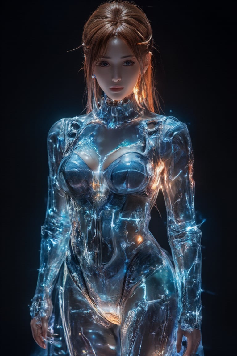 upper body ,4k,best quality,masterpiece,1 American girl, 1 girl,(brown hair,streaked hair, multicolored hair, very long hair,), A photography of jewelry ,a luminous transparent bioluminescent multidimensional entity, mecha, mechanical girl, blue exosuit, white accents, mecha suit, mechanical arms, mechanical parts, beautiful eyes, (delicate face), perfect detail, perfect feet, cinematic lighting, dark studio, dark studio,smile,(oil shiny skin:1.0), .
((her hand crackling with huge fire ball power,)))