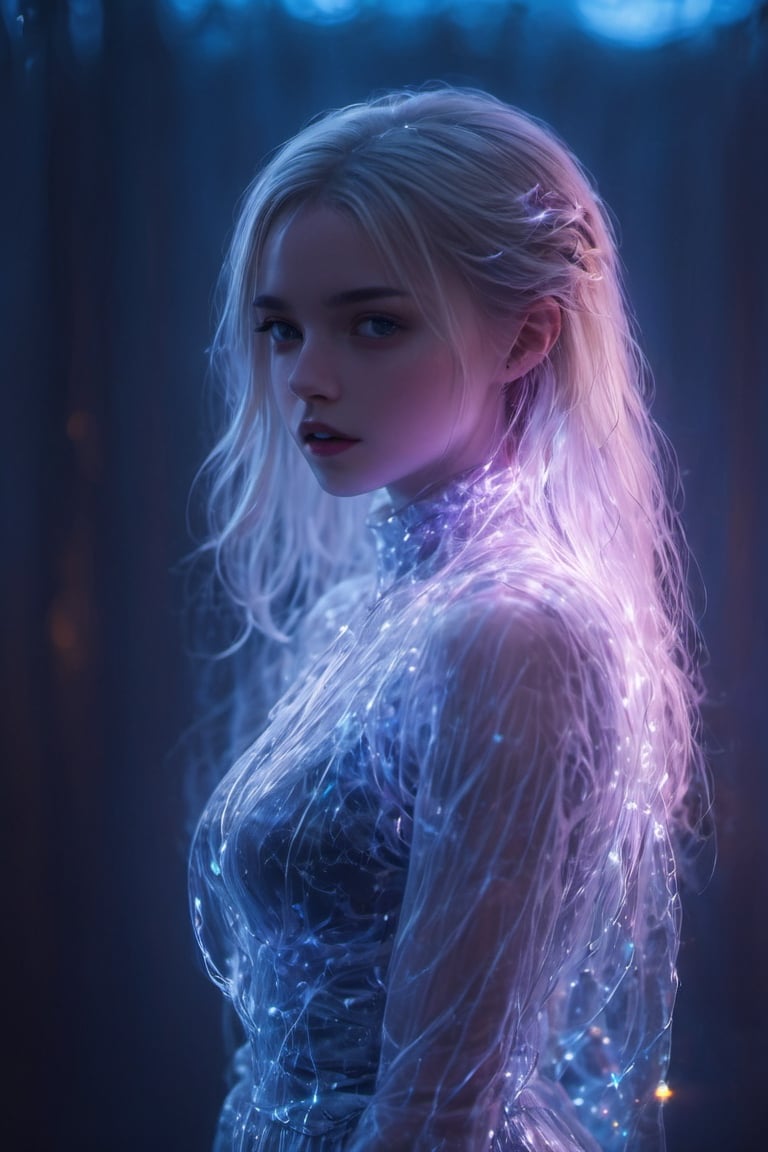 Blond girl, (((ghostly creature:1.5))), (((translucent:1.5))), Mschiffer's art, neon lights RBG, (light particles), bright white, colorful, RBG colors, strong backlit, bokeh,