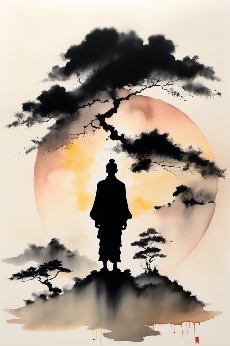 ink human,Meditationist man, sunset, muted colors, huge tress, on sky, cloudy,sun, negative space, chinese ink drawing