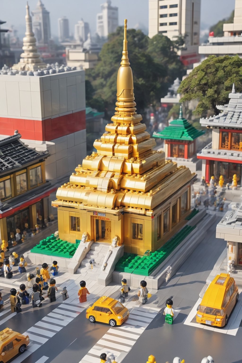 Build a Lego temple world, with many parallel gold chrome Buddha statues on the roadside, crowded real crowds, kaisatsu, STOKYO, station, a lot boys & girls,