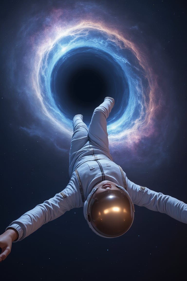 A highly detailed 5K, cinematic photograph of a dramatic 3D illustration, set against a vast, starry space background, depicting a massive, swirling black hole with vibrant, electric blue and purple hues, its event horizon warping and twisting the fabric of space-time. In the foreground, a lone astronaut, clad in a sleek, white spacesuit with a reflective, gold-tinted visor, is plummeting headfirst towards the black hole's void, their body stretched out in a desperate, futile attempt to escape the gravitational pull. The astronaut's facial features are obscured by the visor, but their skin tone is a warm, golden brown. The image is rendered in a gritty, realistic science fiction style, with subtle, filmic grain and textures that evoke a sense of unease and cosmic horror.


