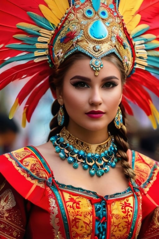 A girl wearing a costume for carnival, with religious images, avoiding the use of feathers. Illustration as the medium, with best quality, 4k resolution, and ultra-detailed. The girl has beautiful detailed eyes and lips, and her face and eyelashes are extremely detailed. She is wearing a vibrant and elaborate costume, adorned with religious symbols and motifs. The costume is made of high-quality materials, resembling a combination of traditional garments and modern designs. It is a masterpiece of craftsmanship, with sharp focus and vivid colors. The overall style is a mix of cultural heritage and contemporary aesthetics. The color palette consists of bright and contrasting hues, emphasizing the festive atmosphere. The lighting captures the richness of the colors and highlights the intricate details of the costume.,neon photography style