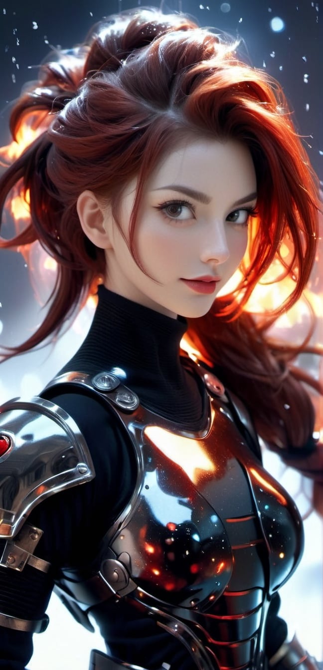 Beautiful russian woman, red ponytail hair, snow white pale skin, in a high tech black-red steel combat armor, dark black red armor, wet flowing hair, sweaty skin, zoom out full body, night, [[ highly detailed, ]], (depth of field), epic realistic, big boobs, stoic, professional fashion photoshoot, galaxy background, hyperrealistic, masterpiece, photorealistic., smile,hyper realstick, (oil shiny skin:1.0), (big_boobs:4), willowy, chiseled, (hunky:4.5),(( body rotation -10 degree)), (full body:1.0),(perfect anatomy, prefecthand, dress, long fingers, 4 fingers, 1 thumb), 9 head body lenth, dynamic sexy pose, breast apart, (artistic pose of awoman),chrometech,surface imperfections,glitter,shiny,xxmix_girl,DonMF43Dr4g0n ,fire element,composed of fire elements,DonMF1r3XL,circuitboard,abyssaltech ,DonMM4ch1n3W0rldXL ,NIJI STYLE