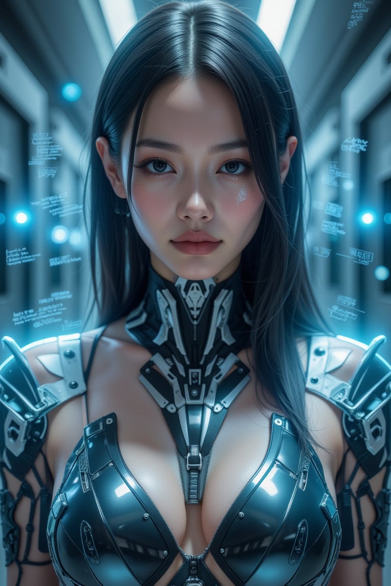 A masterpiece of exceptional quality depicting the front view of a stunningly beautiful female cyborg in a cinematic, photorealistic style. The image is super detailed, resembling an 8K RAW photograph, perfect for a wallpaper. Holographic blueprints float around her, representing the intricate design of the Female Cyborg. The front view prominently displays an avant-garde design with numerous detailed notes about her settings and specifications. Her hair cascades down her front, revealing glimpses of cybernetic enhancements seamlessly integrated with her form. The scene has a mirror-like quality, reflecting the advanced technology surrounding her. Despite facing away, hints of her beautiful face and eyes are visible through reflective surfaces or partial profile. The holographic blueprints are semi-transparent, allowing viewers to see both the external beauty and the internal complexity of the cyborg simultaneously.