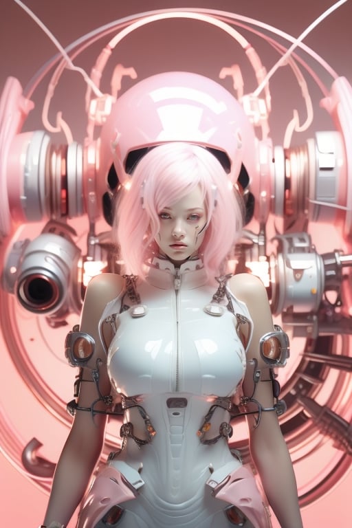 Best quality,masterpiece,ultra high res,(photorealistic:1.4),masterpiece,(bestquality),hyper-detailed,ultra-detailed,(1 girl:1.2),white bodysuit,(soft smile),(pink hair:1.4),mecha girl,headphones,glass helmet,bare shoulders,(cybernetic),(mecha suit),(futuristic),(combat attire),(mix of organic and inorganic),(exposed circuitry),(glowing eyes),(massive scale),(mono-eyed),(weaponized),(gleaming metal),(futuristic background),(mechanical beauty),(technology wonder),full body,,,,,angelawhite,glowing body,mecha musume, smile, (oil shiny skin:1.3), (big breast:1.2), (perfect anatomy, prefecthand, dress, long fingers, 4 fingers, 1 thumb), 9 head body lenth, dynamic sexy pose, breast apart, (cowboy shot:1.0), looking at viewer, (viewed_from_above:1.3),