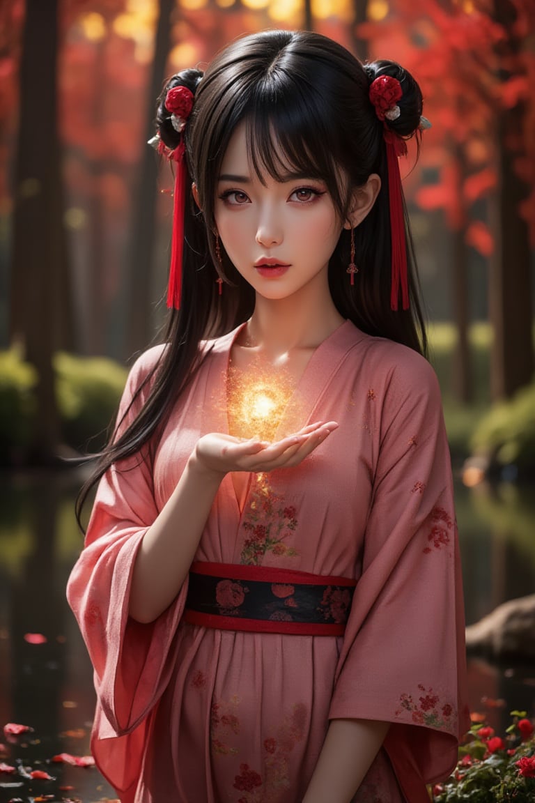 A cyberpunk cyborg maiden stands amidst a tranquil lake setting in a deep forest, surrounded by red and yellow leafed trees. Her black hair flows like night, adorned with vibrant bangs and ornate hair ornaments. Red eyes gleam as she gazes directly at the viewer, her smile subtle yet inviting. A pink kimono wraps around her upper body, its floral print blurring into the surroundings. Cherry blossom petals float on the water's surface, reflecting the setting sun's warm hues. Her hand crackles with fiery energy, a massive fireball power emanating from her palm. The image is set against a blurry background, with an intricate tassel and hair rings adding to her mystical aura. Makeup accentuates her features, eyelashes long and luscious, lips parted as if sharing a secret. The overall composition is a masterful blend of abstraction, fractals, and zentangle patterns, creating an unparalleled work of art that defies the ordinary.