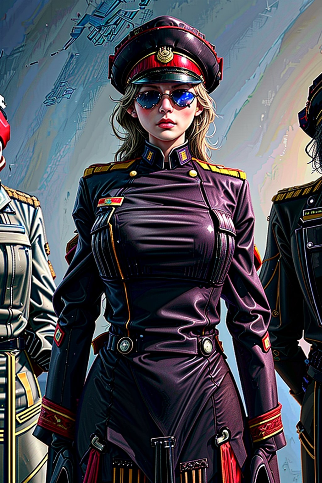 (dominoop:1.2), (sexy girl, blonde_hair,long hair,sun glasses, uniform, hat), portrait, epic realistic, 8k, best quality, real picture, intricate details, ultra-detailed, ultra highres, depth field,(photorealistic,realistic:1.2),masterpiece, , 1 girl, portrait of beautifull, solo, bare_arms, v-shaped_eyebrows, closed_mouth, serious, frown, sky, fighting_stance, volumetric lighting, best quality, masterpiece, intricate details , tonemapping, faded, (neutral colors:1.2), (hdr:1.4), (muted colors:1.2), hyperdetailed, (artstation:1.4), cinematic, warm lights, dramatic light, (intricate details:1.1), complex background , (rutkowski:0.66), fishnet,(teal and orange:0.4),Domino, (shiny oil skin:0.8), (dynamic pose:1.5), dynamic view,dynamic pose, warship, ocean, bow, sun, cloud_scape,Unique Masterpiece, perfect anatomy,imperial elder sister, (Military uniform: 1.8) , warlord coat,Canvas material,redcoat,cptMarvel