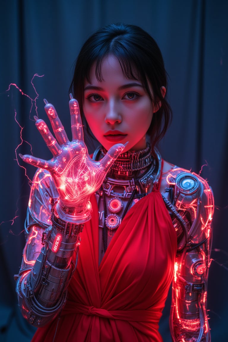 Upper body,A stunning, 20-year-old fashion model, 1girl , red dress,futuremadness, retro starwars style , cyborg girl, android, robotic face, robot limbs, neon , dark angel, cynematic, golden ratio,. In a surreal twist, her cyborg form bursts forth, glass arms aglow with neon cables and gears humming within, electricity crackling through her hand as she maintains eye contact with the camera.,Midjourney_Whisper