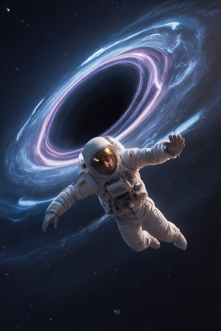 upper body,A highly detailed 5K, cinematic photograph of a dramatic 3D illustration, set against a vast, starry space background, depicting a massive, swirling black hole with vibrant, electric blue and purple hues, its event horizon warping and twisting the fabric of space-time. In the foreground, a lone astronaut, clad in a sleek, white spacesuit with a reflective, gold-tinted visor, is plummeting headfirst towards the black hole's void, their body stretched out in a desperate, futile attempt to escape the gravitational pull. The astronaut's facial features are obscured by the visor, but their skin tone is a warm, golden brown. The image is rendered in a gritty, realistic science fiction style, with subtle, filmic grain and textures that evoke a sense of unease and cosmic horror.looking at veiwer,astronaut is closely viewer.