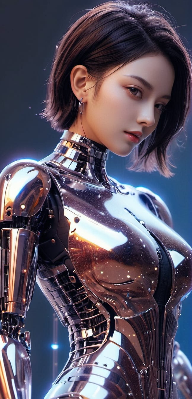 1girl, Beautiful girl, robot body, cyborg, solo, good mouth, serious, good lips, detailed face, good hands, good fingers, clear_image, black_hair, hazel_eyes, short_hair, slender build, white teeth, big_breasts, full_body, happy_face, earrings,,smile, (huge_boobs:1.0), willowy, chiseled, (hunky:1.8), body Rotation 90 degree,((upper body:1.8)),above viewer,photo r3al,circuitboard,Movie Still,dark futuristic,Glass Elements,darkart,TechStreetwear,steampunk style,steampunk,aodai,NIJI STYLE,glitter,Leonardo Style,xxmix_girl,DonMR0s30rd3rXL ,rose, smile,hyper realstick, (oil shiny skin:1.0), (big_boobs:2.8), willowy, chiseled, (hunky:2.5),(( body rotation -90 degree)), (medium full shot),(perfect anatomy, prefecthand, dress, long fingers, 4 fingers, 1 thumb), 9 head body lenth, dynamic sexy pose, breast apart, (artistic pose of awoman),Colorful Binary Code Energy,glitter,shiny,chrometech,surface imperfections,Strong Backlit Particles