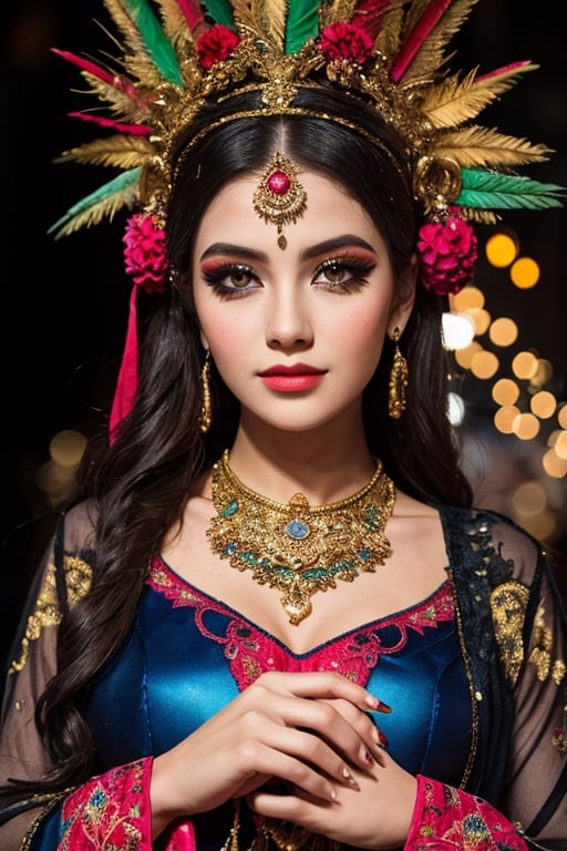 A girl wearing a costume for carnival, with religious images, avoiding the use of feathers. Illustration as the medium, with best quality, 4k resolution, and ultra-detailed. The girl has beautiful detailed eyes and lips, and her face and eyelashes are extremely detailed. She is wearing a vibrant and elaborate costume, adorned with religious symbols and motifs. The costume is made of high-quality materials, resembling a combination of traditional garments and modern designs. It is a masterpiece of craftsmanship, with sharp focus and vivid colors. The overall style is a mix of cultural heritage and contemporary aesthetics. The color palette consists of bright and contrasting hues, emphasizing the festive atmosphere. The lighting captures the richness of the colors and highlights the intricate details of the costume.,neon photography style,Glass Elements,(Transperent Parts)