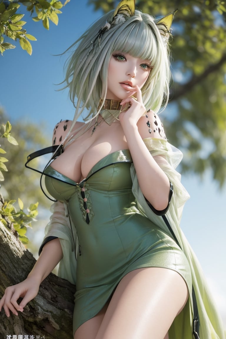 kaldef, green short dress, ultra quality, sharp focus, 8K UHD, highly detailed glossy eyes, ultra quality,  green eyes,  1girl,  masterpiece,  best quality,  hair blowing,  blue sky,  meadow,  sitting,  tree,  (gradient hair:1.5), hand on own hair, 5fingers, good hands and fingers, (perfect hands, perfect anatomy), ( shiny oil skin:1.2), curved body, long fingers, dynamic sexy pose, sexy body, (big breast:1.0), 9 head length body, (floating hair:1.2), looking at viewer, (cowboy shot:0.7), (from_below:1.3)