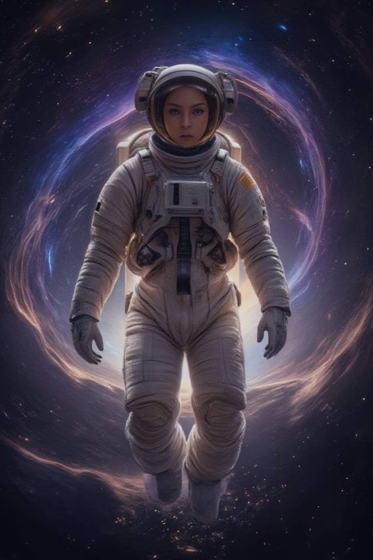 upper body,A highly detailed 5K, cinematic photograph of a dramatic 3D illustration, set against a vast, starry space background, depicting a massive, swirling black hole with vibrant, electric blue and purple hues, its event horizon warping and twisting the fabric of space-time. In the foreground, a lone astronaut, clad in a sleek, white spacesuit with a reflective, gold-tinted visor, is plummeting headfirst towards the black hole's void, their body stretched out in a desperate, futile attempt to escape the gravitational pull. The astronaut's facial features are obscured by the visor, but their skin tone is a warm, golden brown. The image is rendered in a gritty, realistic science fiction style, with subtle, filmic grain and textures that evoke a sense of unease and cosmic horror.looking at veiwer,astronaut is closely viewer.