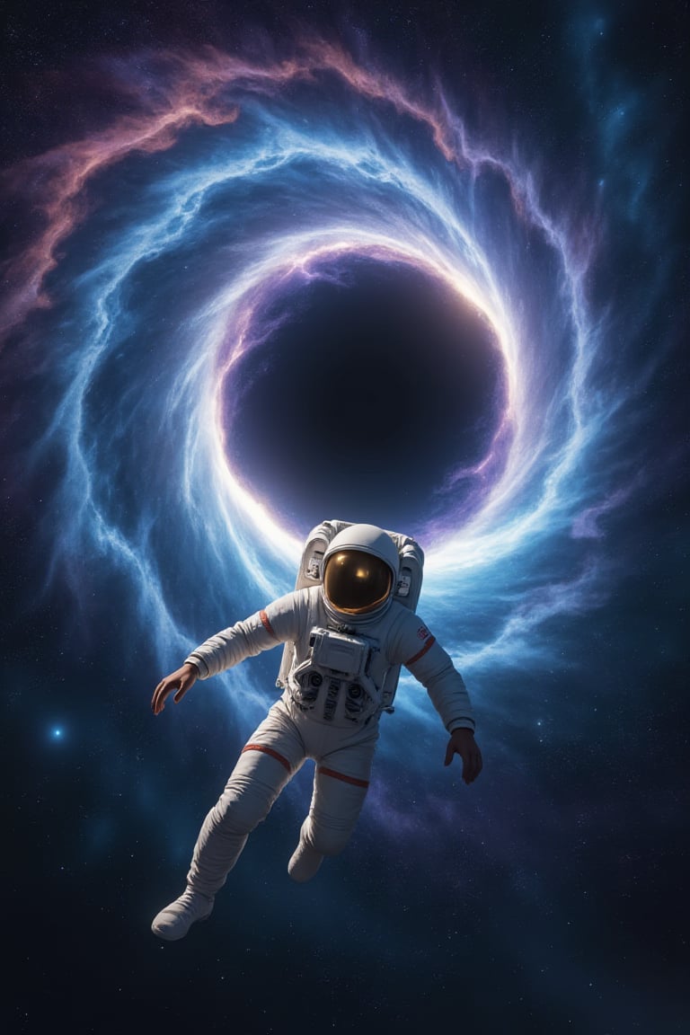 A highly detailed 5K, cinematic photograph of a dramatic 3D illustration, set against a vast, starry space background, depicting a massive, swirling black hole with vibrant, electric blue and purple hues, its event horizon warping and twisting the fabric of space-time. In the foreground, a lone astronaut, clad in a sleek, white spacesuit with a reflective, gold-tinted visor, is plummeting headfirst towards the black hole's void, their body stretched out in a desperate, futile attempt to escape the gravitational pull. The astronaut's facial features are obscured by the visor, but their skin tone is a warm, golden brown. The image is rendered in a gritty, realistic science fiction style, with subtle, filmic grain and textures that evoke a sense of unease and cosmic horror.


