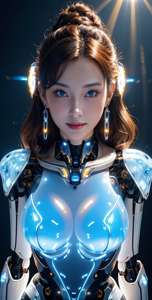 Upper body ,1girl ,beautiful 28 yo girl,brown hair, curvly_hair,muticolored hair ,((Best quality, 8k, 32k, masterpiece,RAW photo, (realistic, photo-realistic:1.3),best quality,highly detailed,masterpiece,ultra-detailed)), blue eyes, (luminous translucent mechanical robot theme: 1.5),navels ,(glossy silver metallic mechanical specular body with mechanical joints and internal structures visible),lens flare,back lights,necklace,huge earrings, wearing Braided bracelet, fishnet,perfect,cleavage cutout.,yellow background ,smile,,(oil shiny skin:0.8), (big_boobs:1.3), willowy, chiseled, (hunky:1.6),(perfect anatomy, prefect hand,), 9 head body lenth, dynamic sexy pose, (artistic pose of awoman),(from_pov:1.2)