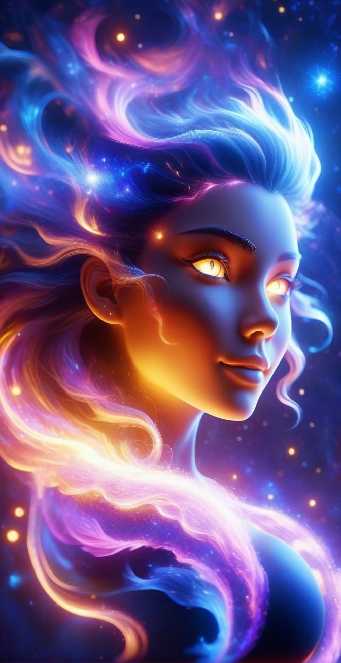 score_9, score_8_up, score_7_up, score_6_up, 1girl, solo, cosmic fire, human face, koling, cosmic, half open eyes, glowing eyes, magic eyes, glowing cheast, cosmic body, very cosmic hair, arms behind head,OverallDetail, smile,(oil shiny skin:1.0), (big_boobs:2.7), willowy, chiseled, (hunky:2.6),(( body rotation -90 degree)), (upper body:1.6),(perfect anatomy, prefecthand, dress, long fingers, 4 fingers, 1 thumb), 9 head body lenth, dynamic sexy pose, breast apart, (artistic pose of awoman),,abyssaltech ,dissolving,abyss,Clear Glass Skin,BrokenIR,Glass Elements,(Transperent Parts),more detail XL,minimalist hologram,starry sky,glow,fire element,composed of fire elements,xxmix_girl,DonMF1r3XL,DonMW15pXL,DonMD1g174l4sc3nc10nXL ,glitter,shiny