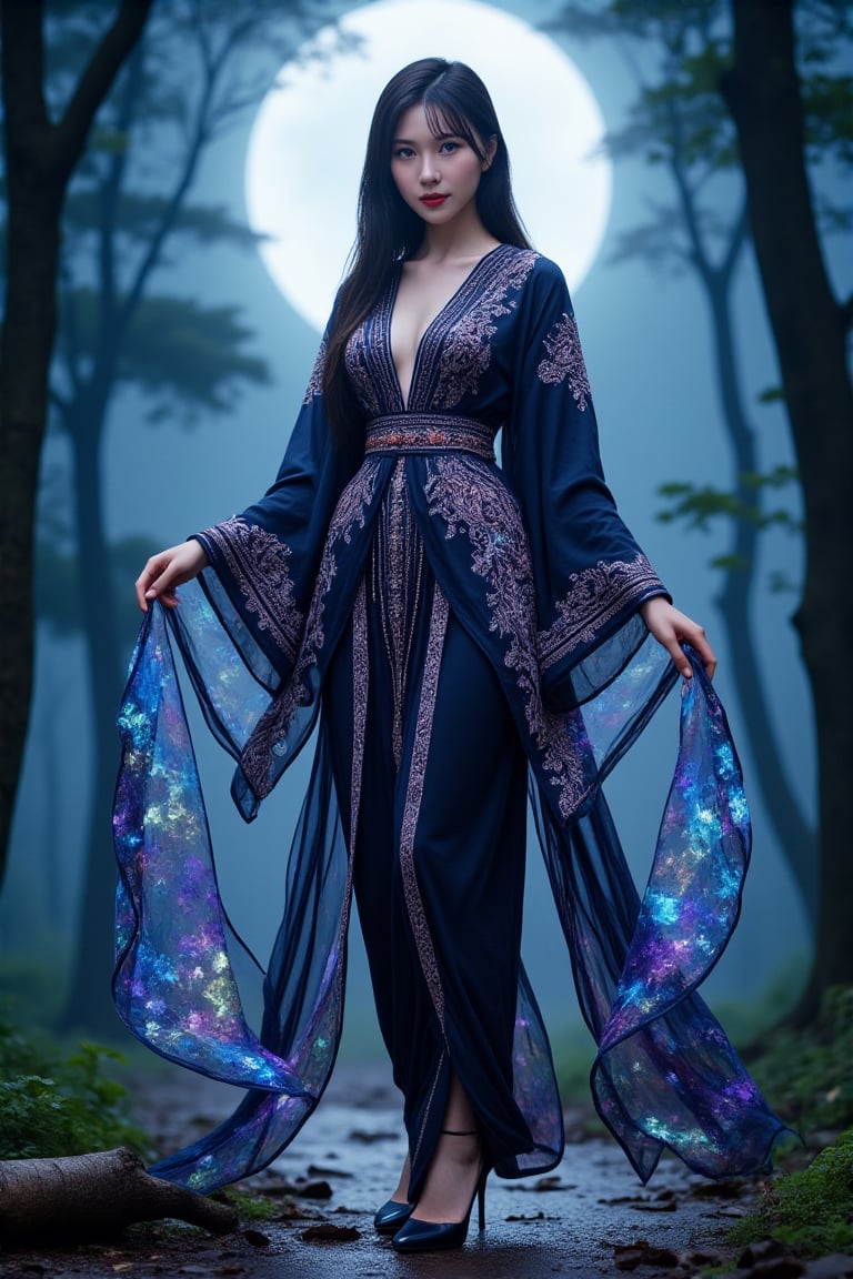 In this concept art piece, Ragawa Kiriko stands majestically in a moonlit forest, her long dark hair flowing like shadows around her. She wears an exquisite kimono adorned with intricate patterns and sparkling crystals, which catch the soft light like diamonds. Her evening gown is covered in multicolored dust, giving it a holographic glow that seems to pulse with an otherworldly energy. As she stands tall, her feet appear to float above the forest floor, exuding confidence and poise in her flawless fashion dynamic pose. Her gaze meets the camera's directly, inviting the viewer into her ethereal world.