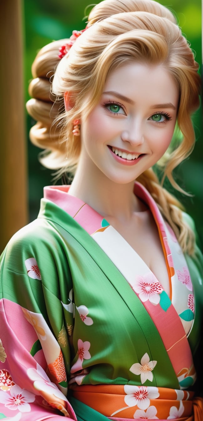 4k,best quality,masterpiece,1 Greek girl, a girl,blond hair, 18-year old beautiful European girl wearing (((pink Japanese kimono))),, cute girl, (light ginger blond hair in a orange traditional kimono hairstyle:1.3), (symmetrical light green eyes:1.2), (pale skin:1.2), happy smiling, close mouth,(perfect white teeth:1.3), (detailed beautiful face and eyes), perfect body, ((slender body, large breasts, flat stomach, 24" waist, narrow hips)), (natural skin texture, detailed skin texture, skin fuzz), outdoor with lots of greens, full body, close-up, ((facing viewer)), best quality, soft lighting, photography, 12K, UHD, hyper-detailed, 
, smile,, (oil shiny skin:1.0), (big_boobs:1.6), willowy, chiseled,random sexy poses,(hunky:2.5),(( body rotation 90 degree)), (perfect anatomy, prefecthand, dress, long fingers, 4 fingers, 1 thumb), 9 head body lenth, dynamic sexy pose, breast apart, (artistic pose of awoman), cinematic moviemaker style,more detail XL,photo r3al