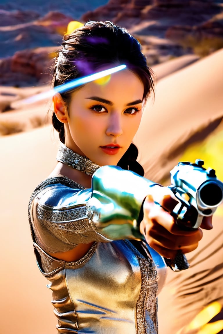 In desert, a exquisitely gorgeous girls, intense gaze, fashionable outfit, angrily waving guns with fighting poses. Air flow, water flow, lighting aura are surrounding her while displaying exaggerated posture and movement. Photo-realistic 32K resolution epic scale image captured dramatic and dynamic view with a wide-angle lens, illuminated by dramatic lighting, highlighting.
break, 
(1 girl, medium long hair, braid hair, silver hair,  Exquisitely perfect symmetric very gorgeous face,  perfect breasts,  Exquisite delicate crystal clear skin, Detailed beautiful delicate eyes, perfect slim body shape, slender and beautiful fingers:0.9,nice hands, perfect hands, full_body,),xxmixgirl,gunatyou,photo r3al