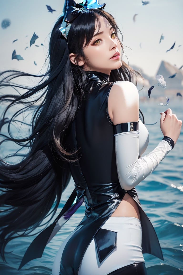(masterpiece, best quality:1.2), , solo, 1girl, blake belladonna, expressionless, closed mouth, looking afar, 5fingers, good hands and fingers, official art, (8k), (solo), latex, science fiction, black hair bow, sleeveless shirt, detached sleeve, pantyhose, legwear under white shorts,blake belladonna,  (perfect hands, perfect anatomy), ( shiny oil skin:1.3),  curved body, long fingers, (floating hair:1.5), dynamic sexy pose, sexy body, (gigantic breast:0.6), 9 head length body, looking at viewer, (upper body:1.3), from behind,