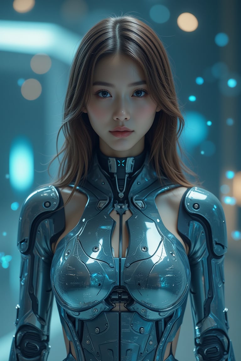 A masterpiece of exceptional quality depicting the front view of a stunningly beautiful female cyborg in a cinematic, photorealistic style. The image is super detailed, resembling an 8K RAW photograph, perfect for a wallpaper. Holographic blueprints float around her, representing the intricate design of the Female Cyborg. The front view prominently displays an avant-garde design with numerous detailed notes about her settings and specifications. Her hair cascades down her front, revealing glimpses of cybernetic enhancements seamlessly integrated with her form. The scene has a mirror-like quality, reflecting the advanced technology surrounding her. Despite facing away, hints of her beautiful face and eyes are visible through reflective surfaces or partial profile. The holographic blueprints are semi-transparent, allowing viewers to see both the external beauty and the internal complexity of the cyborg simultaneously.