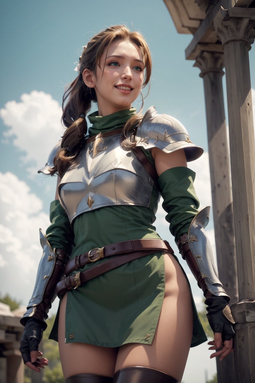 masterpiece, best quality,   aerith gainsborough, hair bow, green eyes  pkuniform, armor, green dress, looking at viewer, smile, leaning forward, cowboy shot, sky, clouds, thigh boots, white gloves, holding spear, brown hair, double bun, ponytail, pony-tail, long hair, (perfect hands, perfect anatomy), (shiny oil skin:0.7), curved body, dynamic sexy pose, sexy body, upper body, 9 head length body, (middle breast:1.0), (from below:1.2), smile, :), (Sweat on skin:1.0),angelawhite,More Detail,pkuniform,medieval armor