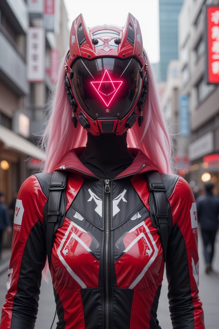 upper body,red and white style of metal gear solid, detailed intricate full cover tactical helmet,(The hat glass has a Pentagram luminous pattern), (pink hair), cowboy shot, dynamic pose, 1girl, solo, ray tracing, (masterpiece), (best quality), (detailed), (detailed tactical gear:1.1), (body armor:1.1), combat pants, gloves, (kyoto street background:1.1),cyberhelmet, unzip sleeves,Her porcelain skin glows softly beneath holographic projections refracting light, unzip sleeves,(( her arm Cage made of only glass. Neon light and hologram gears inside the glass arm,glass inner mechanical bones)