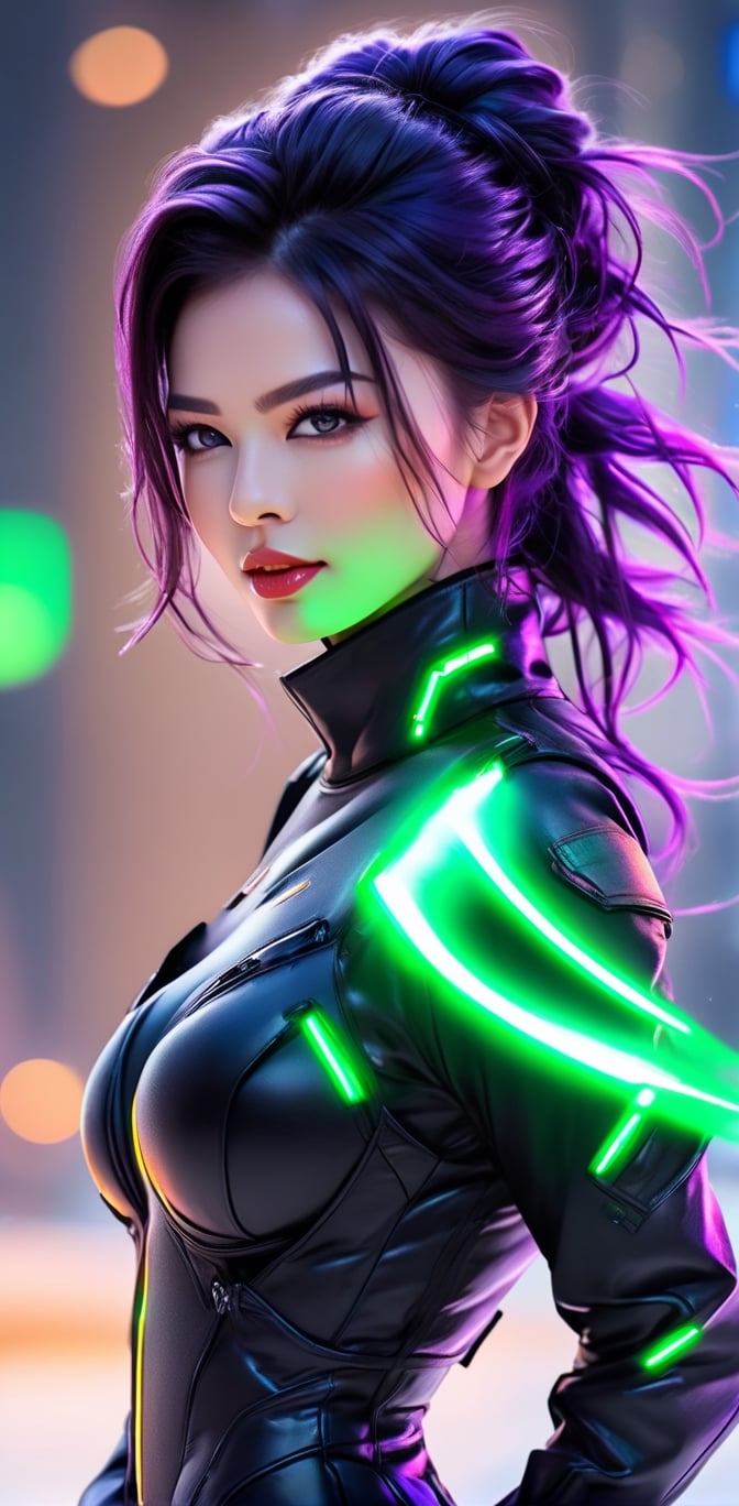 photorealistic, masterpiece, futuristic black tactical suit, special operation agent, beautiful, beautiful dark green eyes, long purple hair, ((background strong wind blizzard futuristic outpost antarctica)), ((night)), juicy lips, ((various futuristic high tech gadgets)), futuristic high tech gun , off shoulder, crop top, half body,smile, (oil shiny skin:1.0), (big_boobs:1.6), willowy, chiseled, (hunky:1.4),(( body rotation -35 degree)), (upper body:0.8),(perfect anatomy, prefecthand, dress, long fingers, 4 fingers, 1 thumb), 9 head body lenth, dynamic sexy pose, breast apart, (artistic pose of awoman),